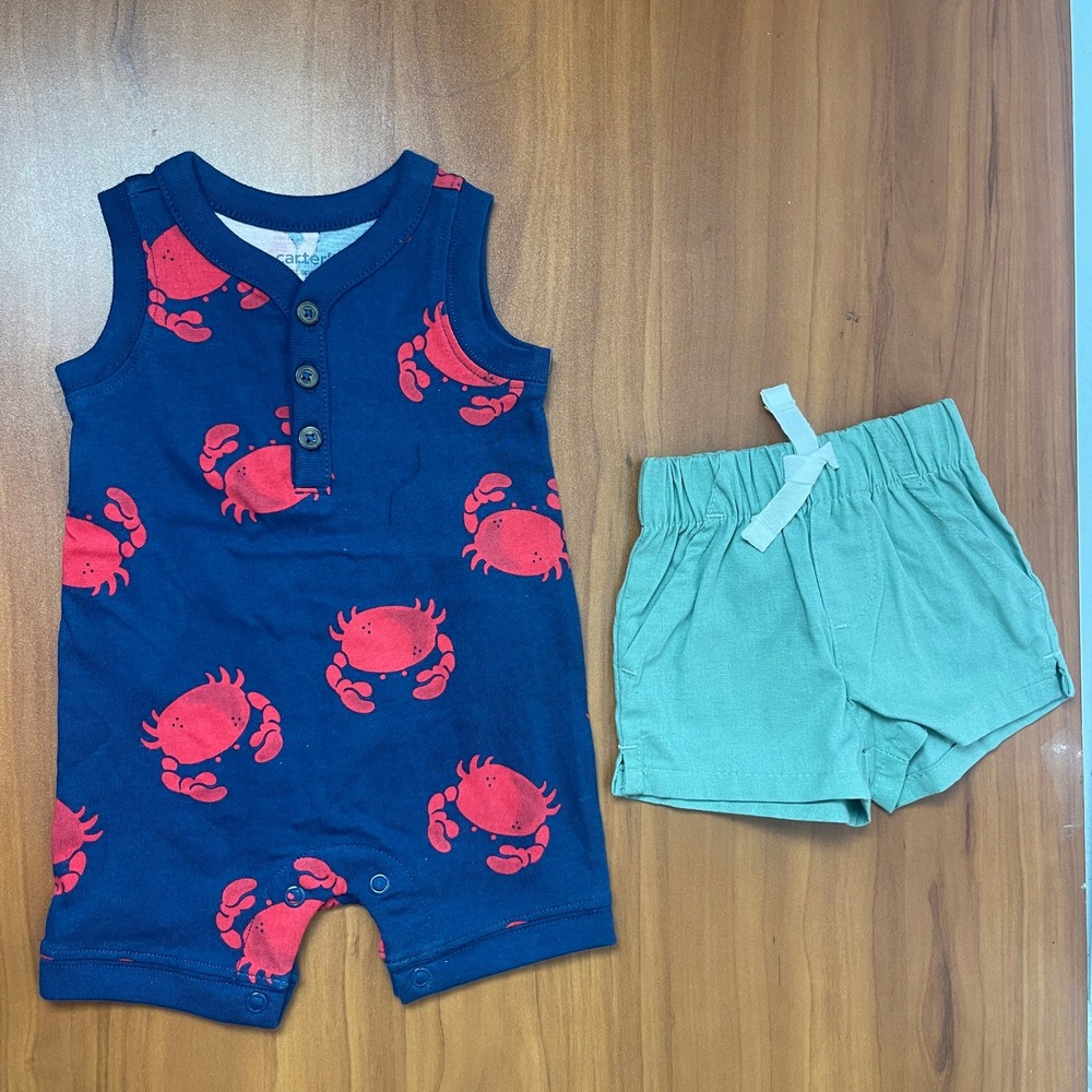 Carters Just One You Newborn Baby Boy Navy Crab Romper and Green Shorts Set NB